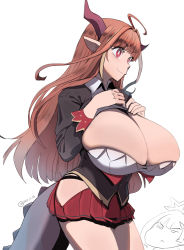 Rule 34 | 2girls, ahoge, alternate breast size, blouse, breasts, bursting breasts, chibi, chibi inset, cleavage, cleavage cutout, clothing cutout, collared shirt, dragon girl, dragon horns, dragon tail, fang, highres, hip vent, hololive, horns, huge breasts, kiryu coco, kiryu coco (1st costume), long hair, miniskirt, multiple girls, orange hair, pleated skirt, pointy ears, red eyes, red skirt, shirt, sho-n-d, simple background, skin fang, skirt, solo focus, tail, virtual youtuber, white background, white shirt