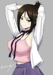 Rule 34 | 1girl, adjusting hair, arms behind head, arms up, black hair, black ribbon, blue eyes, breasts, bukkuri, camisole, casual, closed mouth, commentary, girls und panzer, grey background, half-closed eyes, highres, large breasts, long hair, long sleeves, looking at viewer, navel, neck ribbon, nonna (girls und panzer), open clothes, open shirt, pink shirt, purple skirt, ribbon, shirt, simple background, skirt, smile, solo, standing, swept bangs, white shirt