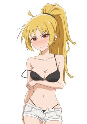 Rule 34 | 1girl, absurdres, ahoge, arm at side, arm under breasts, bare shoulders, black bra, blonde hair, blush, bocchi the rock!, bra, breasts, closed mouth, commentary, cowboy shot, dot nose, embarrassed, english commentary, high ponytail, highres, ijichi seika, long hair, looking at viewer, medium breasts, navel, nose blush, red eyes, shorts, simple background, solo, standing, strap slip, thundradrawings, underwear, wavy mouth, white background, white shorts