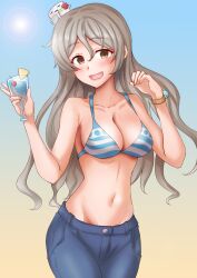 Rule 34 | 1girl, alcohol, alternate costume, anti (untea9), bikini, blue background, blue bikini, blue pants, breasts, brown eyes, cowboy shot, cup, denim, drinking glass, drunk, gradient background, grey hair, hair between eyes, hat, highres, jeans, kantai collection, long hair, looking at viewer, medium breasts, mini hat, navel, open mouth, pants, pola (kancolle), smile, solo, swimsuit, tilted headwear, wavy hair, yellow background