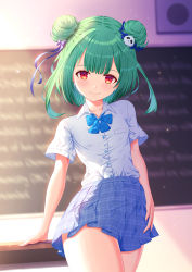 Rule 34 | 1girl, absurdres, blue bow, blue neckwear, blush, bow, breast pocket, classroom, collarbone, collared shirt, commentary request, double bun, dress shirt, fujifuji924, green hair, hair bun, hair ornament, highres, hololive, looking at viewer, pocket, red eyes, shirt, short sleeves, skirt, skull hair ornament, smile, solo, uruha rushia, virtual youtuber, white shirt, wing collar