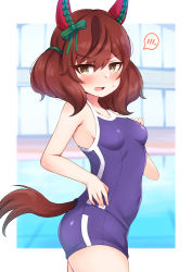 Rule 34 | 0208ramune, 1girl, animal ears, bare arms, bare shoulders, blue one-piece swimsuit, blurry, blurry background, blush, bow, breasts, brown eyes, brown hair, commentary request, covered navel, depth of field, ear bow, green bow, hair between eyes, horse ears, horse girl, horse tail, looking at viewer, looking to the side, multicolored hair, nice nature (umamusume), one-piece swimsuit, open mouth, pool, school swimsuit, small breasts, solo, spoken blush, streaked hair, sweat, swimsuit, tail, twintails, umamusume, water, window