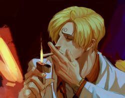 Rule 34 | 1boy, absurdres, blonde hair, cigarette, closed eyes, curly eyebrows, facial hair, fire, formal, hair over one eye, highres, holding, holding cigarette, holding lighter, jacket, lighter, lighting cigarette, long sleeves, one piece, red shirt, rita ya, sanji (one piece), shirt, short hair, watch, white jacket, wristwatch