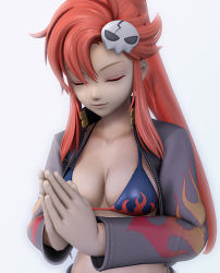Rule 34 | 00s, 1girl, 3d, bikini, bikini top only, breasts, cleavage, closed eyes, female focus, gradient background, hair ornament, jacket, kanzeon, non-web source, own hands clasped, own hands together, ponytail, red hair, solo, swimsuit, tengen toppa gurren lagann, yoko littner