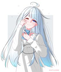 Rule 34 | 1girl, ahoge, amatsuka uto, angel, blue eyes, blue hair, closed mouth, colored tips, heart, highres, indie virtual youtuber, long sleeves, multicolored hair, one eye closed, phone, shirt, smile, solo, twintails, twitter username, virtual youtuber, wetfloorrr, white background