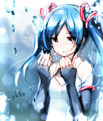Rule 34 | 1girl, aqua eyes, aqua hair, cleavage cutout, clothing cutout, dress, elbow gloves, fingerless gloves, gloves, hair ornament, hatsune miku, highres, long hair, looking at hands, open mouth, solo, strapless, strapless dress, twintails, vocaloid, water, water drop, yukiharu (hujo-112)