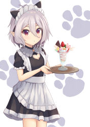 Rule 34 | 1girl, absurdres, alternate costume, bad id, bad pixiv id, blush, dress, food, frilled dress, frills, fruit, hair between eyes, highres, holding, holding tray, ice cream, kokkoro (princess connect!), looking at viewer, maid, maid headdress, paw print, pointy ears, princess connect!, red eyes, short hair, solo, strawberry, sundae, tray, white hair, yui081