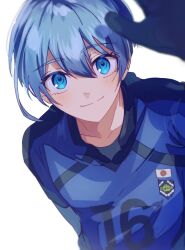 Rule 34 | 1boy, black gloves, blue eyes, blue hair, blue lock, blue shirt, closed mouth, collared shirt, gloves, hand up, highres, looking at viewer, male focus, mma runn, shirt, short hair, simple background, smile, soccer uniform, solo, sportswear, upper body, white background, you hiori