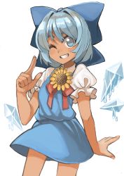 Rule 34 | 1girl, ;), absurdres, blue bow, blue dress, blue eyes, blue hair, bow, cirno, cowboy shot, detached wings, dress, fairy, flower, grin, hair bow, hair intakes, hand up, highres, ice, ice wings, kameno sachi, legs apart, looking at viewer, melting, no pupils, one eye closed, puffy short sleeves, puffy sleeves, short hair, short sleeves, simple background, smile, solo, sunflower, tan, tanned cirno, teeth, touhou, white background, wings, yellow flower