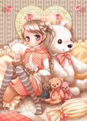 Rule 34 | bad id, bad pixiv id, brown hair, original, pillow, sewing, sitting, solo, striped clothes, striped thighhighs, stuffed animal, stuffed toy, teddy bear, thighhighs, youkuzuri
