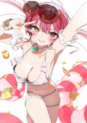 Rule 34 | 1girl, absurdres, arm up, armpits, bikini, blush, bracelet, breasts, choker, collarbone, cup, eyewear on head, gold, highres, hololive, houshou marine, jewelry, large breasts, long hair, looking at viewer, pomesaurus, red eyes, red hair, simple background, smile, solo, sunglasses, swimsuit, thigh strap, thighs, twintails, virtual youtuber, w, white background, white bikini, white choker, yellow eyes