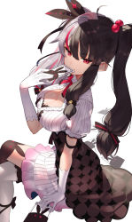 Rule 34 | 1girl, absurdres, ahoge, black hair, blush, bow, breasts, card, cleavage, cleavage cutout, clothing cutout, commentary request, covering breasts, covering privates, dress, gloves, hair bobbles, hair bow, hair ornament, hair ribbon, hand up, highres, holding, large breasts, long hair, looking at viewer, multicolored hair, nijisanji, puffy short sleeves, puffy sleeves, red eyes, red hair, ribbon, scottie (phantom2), short sleeves, sidelocks, simple background, sitting, skirt, smile, solo, sparkle print, split-color hair, streaked hair, striped, thighhighs, twintails, two-tone hair, vertical stripes, virtual youtuber, white background, white gloves, white thighhighs, yorumi rena, yorumi rena (1st costume)