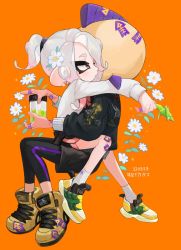 Rule 34 | 1boy, 1girl, bandaid, black pants, closed mouth, commentary, earrings, flower, hair flower, hair ornament, holding, hug, inkling, inkling boy, inkling player character, jacket, jewelry, kumo (kumo hsc0216), long sleeves, mask, nintendo, octoling, octoling girl, octoling player character, pants, pants under shorts, pill earrings, pointy ears, ponytail, scar, shoes, shorts, sneakers, socks, splatoon (series), stitches, symbol-only commentary, tentacle hair, white eyes, white flower, white hair, white socks