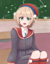 Rule 34 | 1girl, blonde hair, blunt bangs, fluffy, hair rings, hat, highres, indie virtual youtuber, kempowder, long hair, looking at viewer, non-web source, open mouth, red hat, school, school uniform, self-upload, shigure ui (vtuber), shigure ui (vtuber) (1st costume), shirt, short hair, smile, solo, source request, virtual youtuber, white shirt