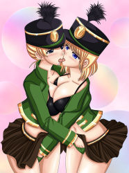 Rule 34 | 2girls, asymmetrical docking, band uniform, bare legs, black bra, black eyes, blonde hair, blue eyes, blush, bra, breast press, breasts, brown skirt, cleavage, clothes lift, collarbone, cowboy shot, destination calabria, eye contact, female focus, fingering, french kiss, green panties, hand in panties, hat, hat feather, highres, jacket, kiss, large breasts, legs, long sleeves, looking at another, midriff, multiple girls, mutual fingering, mutual masturbation, navel, neck, open clothes, open jacket, panties, seraphina, shako cap, short hair, skirt, skirt lift, standing, tongue, tongue out, underwear, uniform, upskirt, yuri