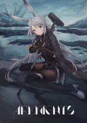 Rule 34 | 1girl, animal ears, arknights, black footwear, black jacket, black pantyhose, black skirt, blush, boots, brown thighhighs, closed mouth, cloud, cloudy sky, commentary request, copyright name, crystal, female focus, grey eyes, grey hair, hair between eyes, hammer, head tilt, high heel boots, high heels, highres, holding, holding hammer, jacket, long hair, looking at viewer, on ground, outdoors, pantyhose, rabbit ears, savage (arknights), sidelocks, sitting, skirt, sky, solo, striped clothes, striped skirt, thigh boots, thighhighs, twintails, two side up, vertical-striped clothes, vertical-striped skirt, very long hair, wariza, water, xo (xo17800108)