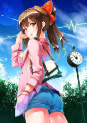 Rule 34 | 1girl, alternate costume, bag, bow, breasts, brown eyes, brown hair, casual, cellphone, clock, contemporary, covered erect nipples, female focus, hair bow, hakurei reimu, hand in pocket, highres, long hair, looking back, medium breasts, neo-masterpeacer, phone, ponytail, shorts, shoulder bag, solo, touhou