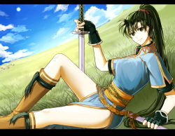 Rule 34 | 1girl, arm support, asymmetrical bangs, black gloves, blue dress, blue sky, boots, breasts, cloud, cloudy sky, commentary request, day, delsaber, dress, dutch angle, earrings, eyelashes, female focus, fingerless gloves, fire emblem, fire emblem: the blazing blade, gloves, gold trim, grass, grasslands, green eyes, green hair, hair ornament, high ponytail, highleg, holding, holding sword, holding weapon, horse, jewelry, katana, knee boots, knee up, leaning back, long hair, looking at viewer, lying, lyn (fire emblem), matching hair/eyes, medium breasts, nintendo, on back, ponytail, shadow, sheath, short sleeves, sitting, sky, solo, sword, thighs, undershirt, wagon, weapon