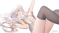 Rule 34 | 1girl, absurdres, bad id, bad pixiv id, bare shoulders, blue eyes, breasts, britomart (fate), britomart (final ascension) (fate), center opening, cleavage, double bun, fate/grand order, fate (series), gold trim, grey hair, grey thighhighs, hair bun, heatia, highleg, highleg swimsuit, highres, large breasts, legs up, long hair, lying, on back, one-piece swimsuit, pointy ears, solo, swimsuit, thighhighs, thighs, twintails, two-tone swimsuit, very long hair, white one-piece swimsuit, yellow one-piece swimsuit