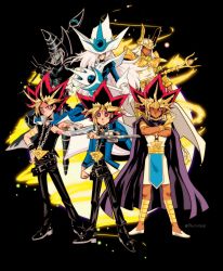 Rule 34 | arm at side, armlet, atem, belt, black footwear, black hair, black pants, black shirt, blonde hair, blue jacket, cape, chain, character request, clenched hand, closed mouth, crossed arms, dark-skinned male, dark magician, dark skin, duel disk, duel monster, dyed bangs, flats, gender request, hand up, highres, jacket, jewelry, knees, long sleeves, looking at viewer, millennium puzzle, muto yugi, open clothes, open jacket, pants, phil vzq, purple cape, shirt, shoes, spiked hair, white footwear, yami yugi, yu-gi-oh!, yu-gi-oh! duel monsters