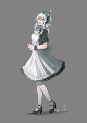 Rule 34 | 1girl, absurdres, apron, blue eyes, braid, breasts, cyberpunk, cyborg, dress, frilled apron, frills, full body, grey background, hairband, headgear, highres, looking at viewer, maid, maid apron, maid headdress, medium breasts, neon lights, open mouth, original, pantyhose, short hair, silver hair, skirt, smile, solo, standing, suiiryu, waist apron, white apron