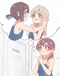 Rule 34 | 3girls, bare arms, bare shoulders, blue hair, blue one-piece swimsuit, blunt bangs, blunt ends, blush stickers, breasts, brown eyes, brown hair, commentary, corrupted twitter file, eye contact, flat chest, genderswap, genderswap (mtf), grey hair, highres, himejoshi, hozuki momiji, imagining, kabedon, karubi (karubi465558), long hair, looking at another, low twintails, medium breasts, multicolored hair, multiple girls, murosaki miyo, new school swimsuit, no ahoge, one-piece swimsuit, onii-chan wa oshimai!, own hands clasped, own hands together, oyama mahiro, pink hair, red hair, school swimsuit, short hair, short ponytail, simple background, sketch, smile, standing, sweatdrop, swimsuit, thought bubble, twintails, two-tone hair, white background, yuri