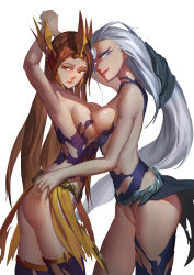 Rule 34 | 2girls, arm behind head, blue eyes, breast press, breasts, brown eyes, brown hair, diana (league of legends), eyeliner, facial mark, forehead mark, forehead protector, full body, hair ornament, hand on own hip, large breasts, league of legends, leona (league of legends), long hair, looking away, looking to the side, makeup, medium breasts, multiple girls, nipples, smile, smirk, symmetrical docking, thighhighs, torn clothes, very long hair, white hair, yinzhi beiju