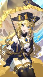 Rule 34 | 1girl, absurdres, bare shoulders, black gloves, black hat, blonde hair, blue eyes, blue gemstone, detached sleeves, dress, drill hair, drill sidelocks, flower, gem, genshin impact, gloves, gold trim bow, hat, hat flower, highres, holding, holding umbrella, il0ha genshin, jewelry, lace-trimmed collar, lace trim, long hair, looking at viewer, navia (genshin impact), open mouth, sidelocks, smile, solo, umbrella, very long hair