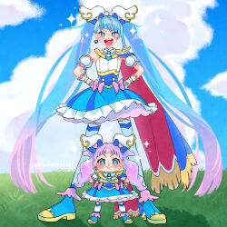 Rule 34 | + +, 2girls, :d, alternate hairstyle, ankle boots, blue cape, blue dress, blue footwear, blue hair, blue sky, boots, brooch, cape, closed mouth, cloud, cloudy sky, cosplay, cure sky, cure sky (cosplay), cut bangs, day, detached sleeves, dress, earrings, frilled dress, frills, fringe trim, gloves, gradient hair, grass, hands on own hips, hirogaru sky! precure, jewelry, long hair, looking at viewer, low-tied long hair, multicolored hair, multiple girls, open mouth, outdoors, pink hair, precure, puffy detached sleeves, puffy sleeves, purple eyes, purple hair, red cape, short dress, single earring, sky, sleeveless, sleeveless dress, smile, sparkle, standing, streaked hair, thighhighs, ton (ton39342104), twintails, twitter username, two-sided cape, two-sided fabric, very long hair, white gloves, white thighhighs, wing brooch, wing hair ornament