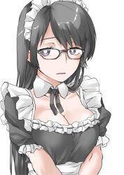 Rule 34 | 1girl, black hair, breasts, bright pupils, cleavage, elf (stroll in the woods), glasses, highres, large breasts, long hair, maid, maid headdress, original, purple eyes, solo, upper body, white background, white pupils