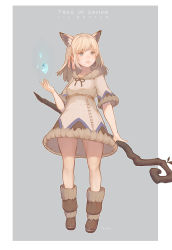 Rule 34 | 1girl, animal ears, bad id, bad pixiv id, blonde hair, blue eyes, boots, border, brown dress, brown footwear, character name, collarbone, copyright name, dress, echosdoodle, full body, grey background, ice, ice master (tree of savior), long hair, looking away, parted lips, signature, solo, staff, tree of savior