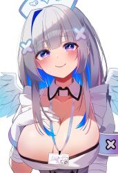 Rule 34 | 1girl, absurdres, alternate breast size, amane kanata, amane kanata (nurse), angel wings, armband, bandaged arm, bandages, blue hair, blush, breasts, cleavage, collarbone, colored inner hair, commentary request, cross-shaped pupils, detached collar, gloves, grey hair, hair ornament, hand on own chest, hat, highres, hololive, lanyard, large breasts, long hair, looking at viewer, multicolored hair, nurse cap, official alternate costume, pink hair, purple eyes, simple background, skindentation, smile, solo, streaked hair, symbol-shaped pupils, uekana9, upper body, virtual youtuber, white background, white gloves, white wings, wing print, wings, x hair ornament