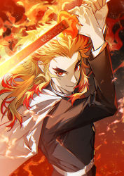 Rule 34 | 1boy, belt, black jacket, blonde hair, cape, demon slayer uniform, fire, forked eyebrows, hands up, holding, holding sword, holding weapon, jacket, japanese clothes, katana, kimetsu no yaiba, long hair, long sleeves, male focus, multicolored hair, pants, red background, red eyes, red hair, rengoku kyoujurou, satsuya, scar, scar on face, scar on forehead, sidelocks, signature, smile, smoke, solo, sword, thick eyebrows, two-tone hair, veins, veiny hands, weapon, white belt, widow&#039;s peak