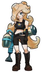 Rule 34 | 1girl, alternate costume, belt, bike shorts, blonde hair, blue eyes, boots, company connection, cosplay, crop top, cross-laced footwear, crossover, elbow gloves, full body, gloves, hair over one eye, highres, ink tank (splatoon), knee boots, lace-up boots, long hair, mario (series), midriff, nintendo, rosalina, shorts, simple background, solo, splashbrush, splatoon (series), splatoon 1, sports bra, super mario bros. 1, super mario galaxy, super soaker, takozonesu, takozonesu (cosplay), tentacle hair, very long hair, water gun, white background