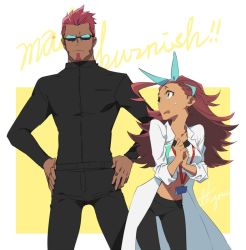 Rule 34 | 1boy, 1girl, ahoge, black jacket, black pants, bow, catgirl0926, dark skin, dark-skinned male, extra, facial hair, flipped hair, goatee, hair bow, hands on own hips, jacket, lab coat, lanya, lanyard, long hair, looking at another, navel, pants, promare, skin tight, sunglasses, sweatdrop, thyma (promare)