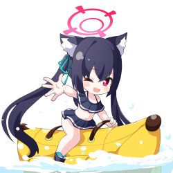 Rule 34 | 1girl, ;d, ame., animal ear fluff, animal ears, banana boat, bare shoulders, bikini, black bikini, black footwear, black hair, blue archive, blue ribbon, blush stickers, cat ears, chibi, commentary request, fang, hair between eyes, hair ribbon, halo, highres, long hair, looking at viewer, navel, one eye closed, open mouth, purple eyes, ribbon, sandals, serika (blue archive), serika (swimsuit) (blue archive), simple background, smile, solo, swimsuit, twintails, very long hair, water, white background