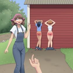 Rule 34 | 3girls, arms behind head, barefoot, bottomless, highres, imminent spanking, looking at viewer, multiple girls, nervous, nervous sweating, open mouth, original, short hair, spanked, standing, sweat, zekel