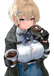 Rule 34 | 1girl, absurdres, belt, black gloves, black jacket, blonde hair, blue eyes, blue skirt, bow, bowtie, breasts, button gap, coffee, collared shirt, commentary, doughnut, duplicate, eating, food, girls&#039; frontline, gloves, hair between eyes, hair ornament, highres, holding, jacket, large breasts, looking at viewer, maria (syake-uni), mole, mole under eye, pixel-perfect duplicate, pouch, shirt, short hair, sidelocks, skirt, snowflake hair ornament, solo, taut clothes, taut skirt, thigh pouch, vsk-94 (girls&#039; frontline), white shirt