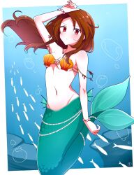 Rule 34 | 1girl, arm up, blush, bracelet, breasts, brown hair, character request, cleavage, closed mouth, copyright request, enkichi totan, fins, gem, highres, jewelry, long hair, looking at viewer, marine day, navel, necklace, pearl (gemstone), pearl bracelet, pearl necklace, red eyes, scales, shell, shell bikini, small breasts, solo, underwater