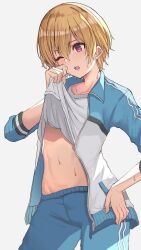Rule 34 | 1girl, blonde hair, blue jacket, blue pants, blush, breasts, clothes pull, collarbone, cowboy shot, cure slum, grey background, hair between eyes, hand on own hip, hand up, highres, idolmaster, idolmaster shiny colors, jacket, long sleeves, looking at another, midriff peek, navel, one eye closed, open clothes, open jacket, open mouth, pants, purple eyes, saijo juri, shirt, shirt pull, short hair, simple background, small breasts, solo, standing, sweat, teeth, track jacket, track pants, upper teeth only, white shirt