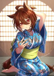Rule 34 | 1girl, agnes tachyon (umamusume), ahoge, animal ears, barefoot, blush, brown eyes, brown hair, commentary request, emil1030 blue, artistic error, highres, horse ears, horse girl, horse tail, indoors, japanese clothes, kimono, looking at viewer, obi, parted lips, sash, short hair, sitting, solo, tail, twitter username, tying hair, umamusume, wariza, wrong foot, yukata