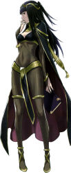 Rule 34 | 1girl, black hair, blunt bangs, bodysuit, book, cape, covered navel, fingernails, fire emblem, fire emblem awakening, full body, highres, hime cut, jewelry, kozaki yuusuke, long fingernails, long hair, long legs, looking at viewer, lots of jewelry, navel, nintendo, official art, see-through, simple background, solo, standing, tharja (fire emblem), two side up, white background