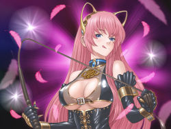 Rule 34 | 1girl, :d, :q, animal ears, bdsm, blue eyes, breasts, cat ears, cleavage, dominatrix, elbow gloves, feathers, gloves, hata hata, highres, large breasts, long hair, megurine luka, open mouth, pink hair, smile, solo, tongue, tongue out, underboob, vocaloid, wallpaper, whip