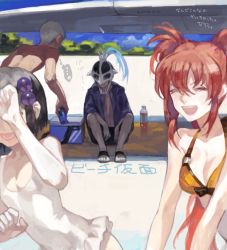 Rule 34 | 2boys, 2girls, alternate costume, bad drawr id, bad id, bare pectorals, bare shoulders, beach, bikini, black hair, black male swimwear, black swim trunks, breasts, brown hair, casual one-piece swimsuit, cleavage, cooler, dark skin, day, drawr, frilled one-piece swimsuit, frilled swimsuit, frills, grey hair, hair ornament, hidden face, judas (tales), long hair, loni dunamis, male swimwear, mask, medium breasts, multiple boys, multiple girls, nanaly fletch, nishihara isao, o-ring, o-ring bikini, oekaki, one-piece swimsuit, open mouth, orange bikini, outdoors, pectorals, reala (tales), red hair, shade, short hair, sitting, small breasts, smile, strap gap, swim trunks, swimsuit, tales of (series), tales of destiny 2, topless male, translation request, twintails, very short hair, white one-piece swimsuit
