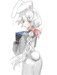 Rule 34 | 1984 (artist), 1girl, animal ears, black souls, blush, book, book stack, bow, from behind, grey robe, hair bow, highres, holding, holding book, long hair, looking at viewer, node (black souls), notice lines, parted lips, pink bow, rabbit ears, rabbit tail, red eyes, robe, simple background, smile, solo, tail, white background, white hair