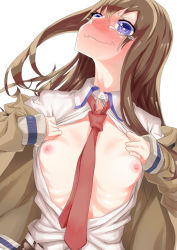 Rule 34 | 1girl, blush, breasts, breasts out, brown hair, dress shirt, embarrassed, female focus, flashing, jacket, long hair, looking up, makise kurisu, necktie, nipples, no bra, open clothes, open shirt, purple eyes, red necktie, ribs, ronna, shirt, simple background, small breasts, solo, steins;gate, tears, wavy mouth, white background