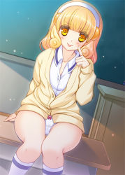 Rule 34 | 10s, 1girl, :p, blonde hair, blush, cardigan, chalkboard, cocoa (cafe-hotcocoa), dress shirt, dutch angle, finger to face, hairband, kise yayoi, kneehighs, no pants, panties, precure, school uniform, shirt, short hair, sitting, smile, smile precure!, socks, solo, table, tongue, tongue out, underwear, white hairband, white socks, white panties, yellow eyes