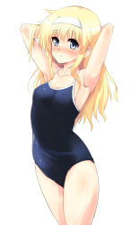 Rule 34 | 10s, 1girl, armpits, arms behind head, arms up, blonde hair, blue eyes, blush, breasts, collarbone, competition school swimsuit, daitoshokan no hitsujikai, covered erect nipples, hairband, highres, long hair, looking at viewer, one-piece swimsuit, school swimsuit, small breasts, smile, solo, suzuki kana, sweat, swimsuit, white background, yuu (yumezakura)