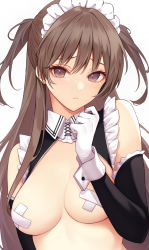 Rule 34 | 1girl, anza tomo, black sleeves, breasts, brown eyes, brown hair, closed mouth, collar, covered erect nipples, detached collar, detached sleeves, frilled collar, frilled sleeves, frills, frown, gloves, hair between eyes, highres, long hair, long sleeves, looking at viewer, maid, maid headdress, medium breasts, original, sidelocks, simple background, solo, sticker, two side up, upper body, very long hair, white background, white gloves, wrist cuffs