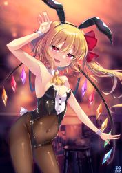 Rule 34 | 1girl, absurdres, animal ears, armpits, blonde hair, breasts, covered navel, detached collar, fake animal ears, flandre scarlet, highres, konnoinari, leotard, looking at viewer, open mouth, pantyhose, playboy bunny, rabbit ears, rabbit tail, small breasts, solo, tail, touhou, wings, wrist cuffs